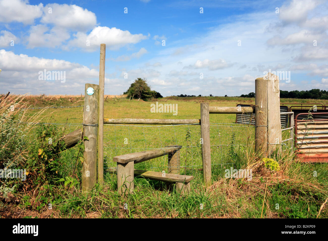 Stile e permissiva il sentiero per la Collina del Castello e resti di Norman Motte e Bailey Castello a Horsford, Norfolk, Regno Unito. Foto Stock
