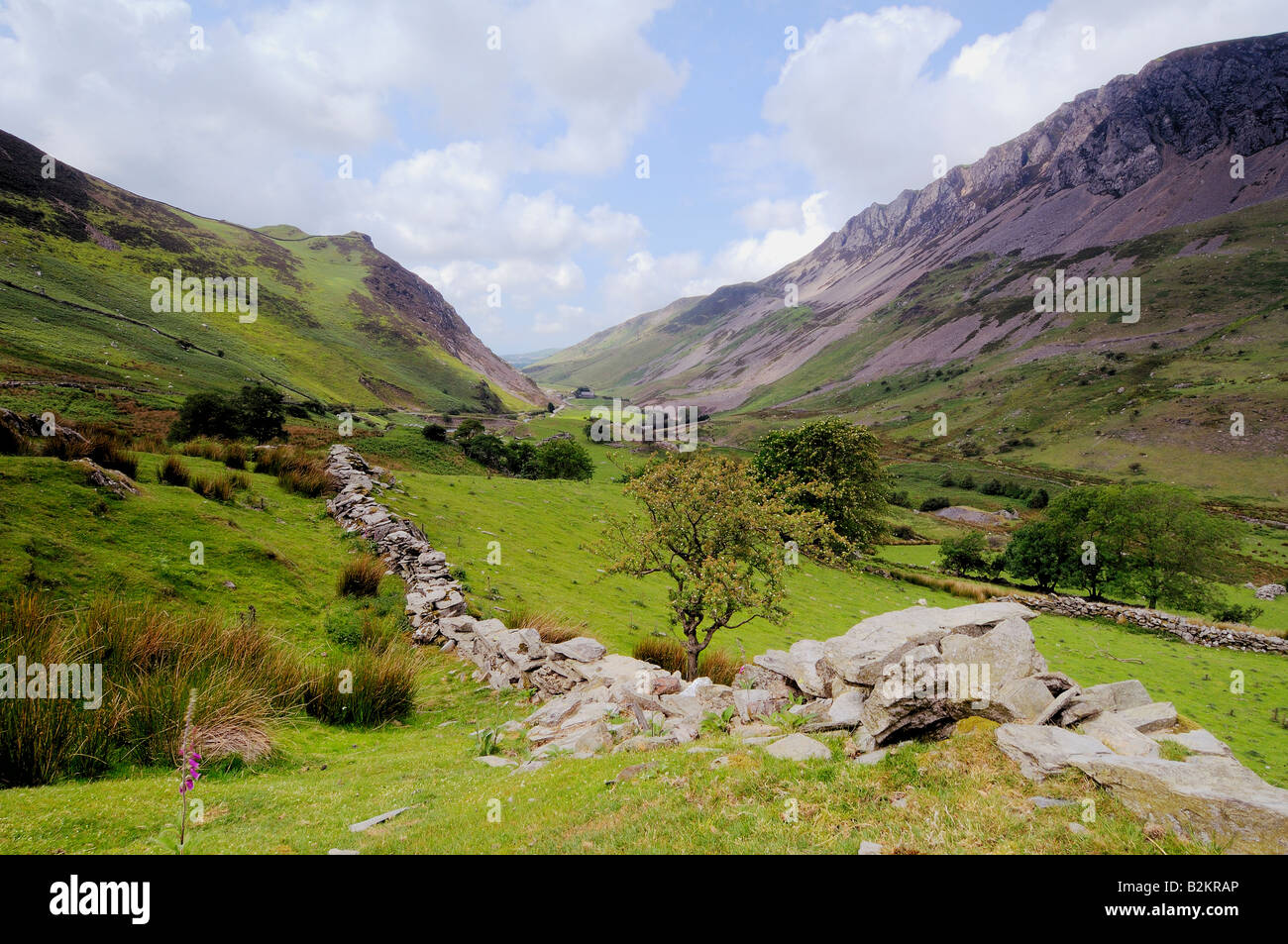 Guardando ad ovest lungo Nantlle Valley nel Parco Nazionale di Snowdonia nel Galles del Nord con un cielo nuvoloso Foto Stock