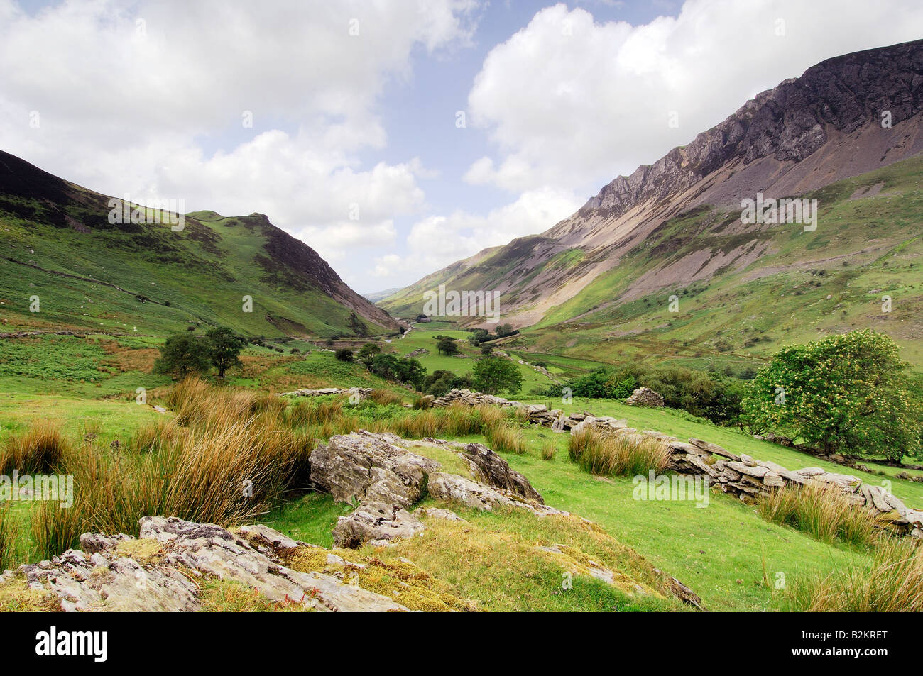 Guardando ad ovest lungo Nantlle Valley nel Parco Nazionale di Snowdonia nel Galles del Nord con un cielo nuvoloso Foto Stock