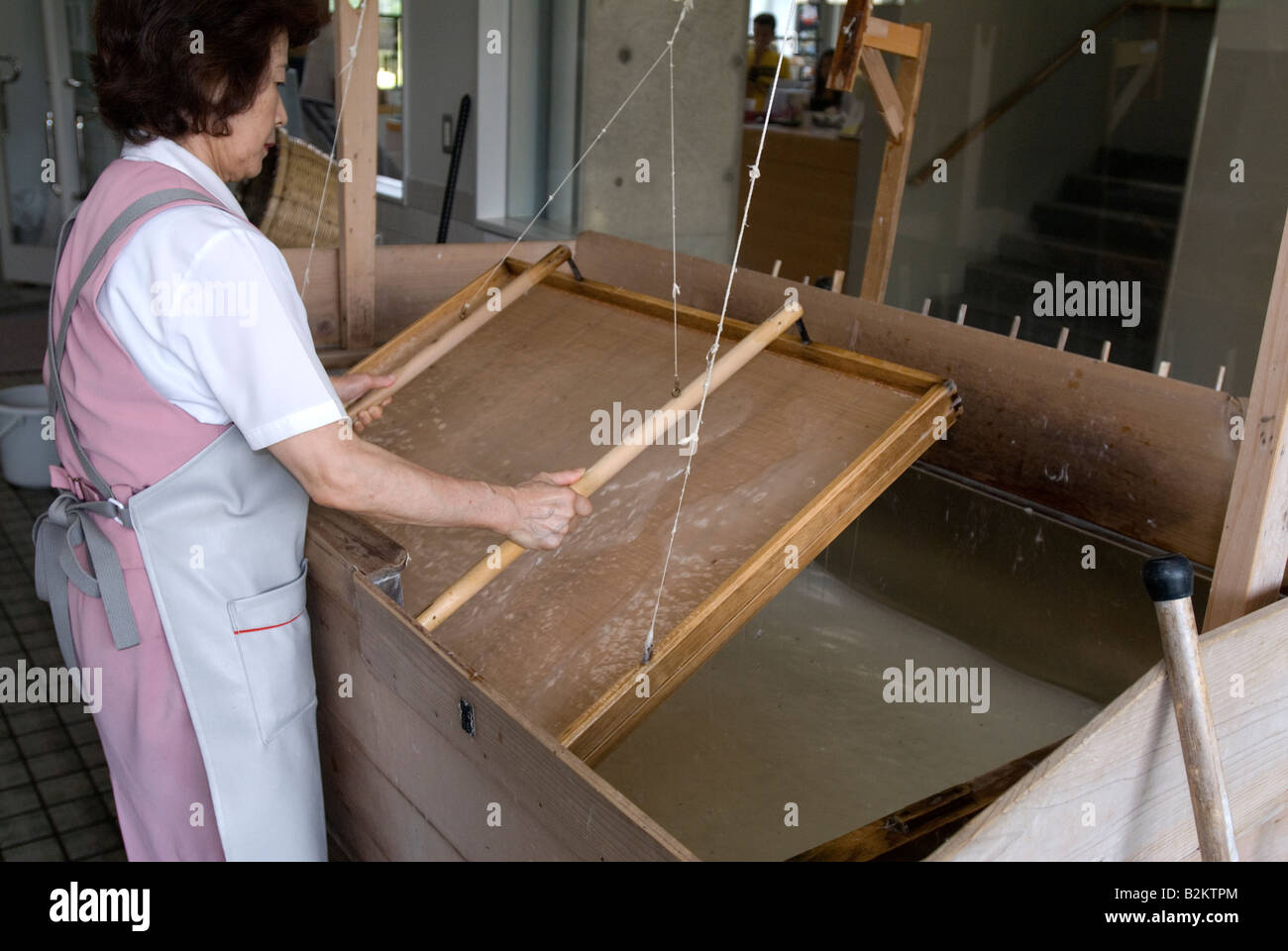 Donna raccolta di bit di pasta di legno umido utilizzato nella realizzazione tradizionale Giapponese o Carta washi a mano presso il Mino Sato Kaikan Foto Stock