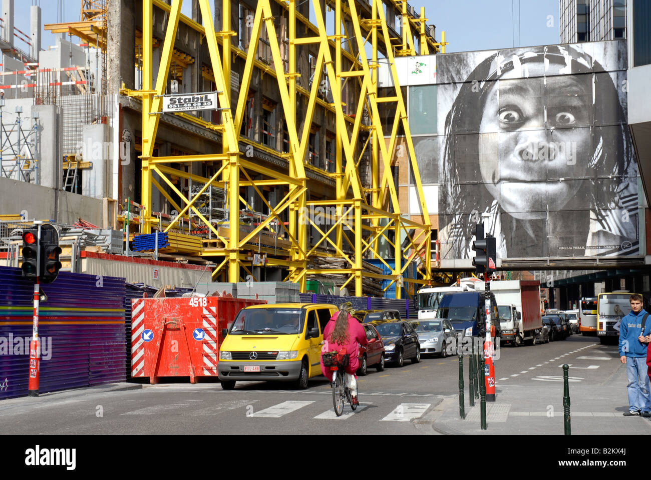 Grandi lavori in strada Bruxelles Belgio Foto Stock