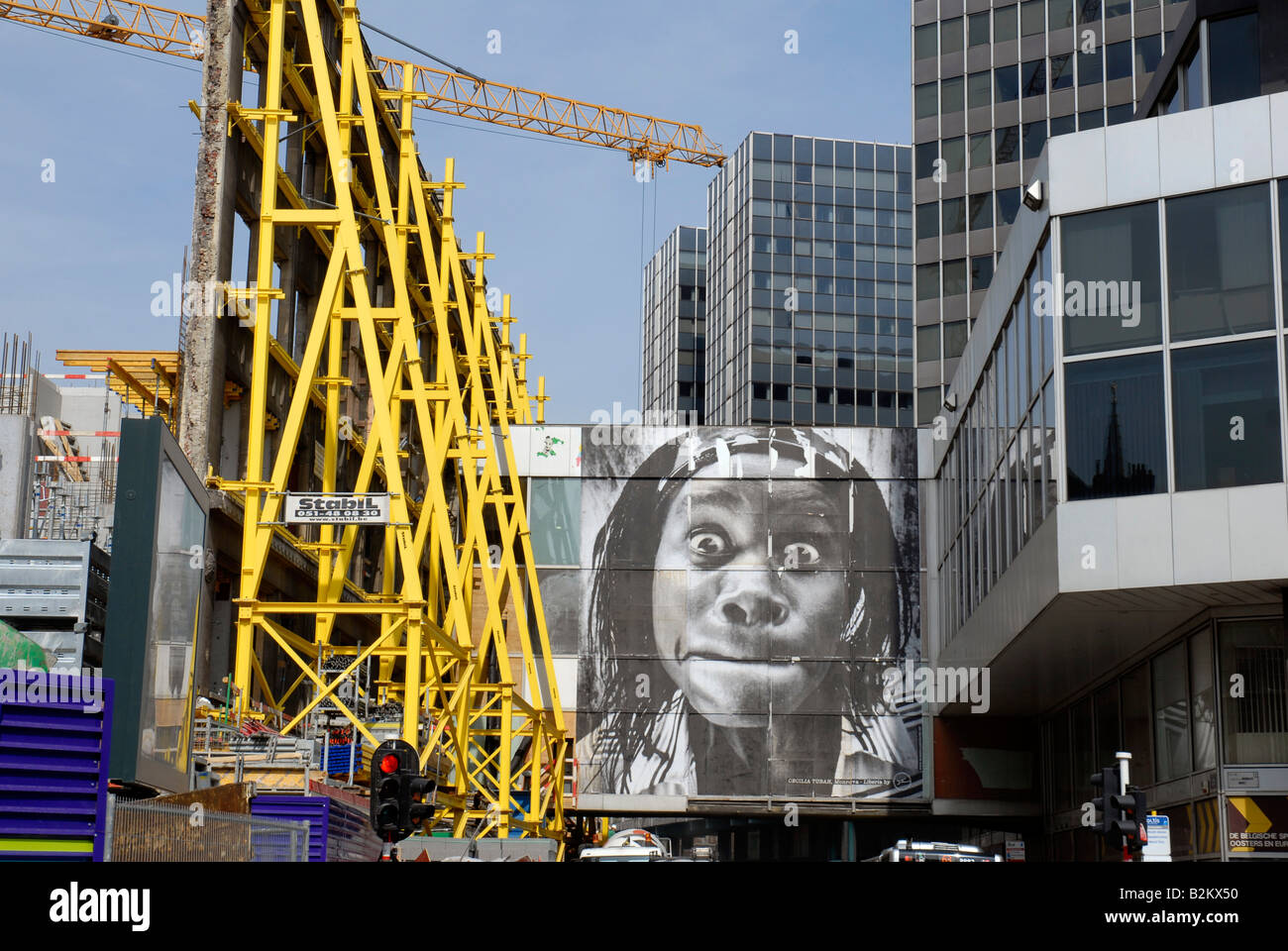Grandi lavori in strada Bruxelles Belgio Foto Stock