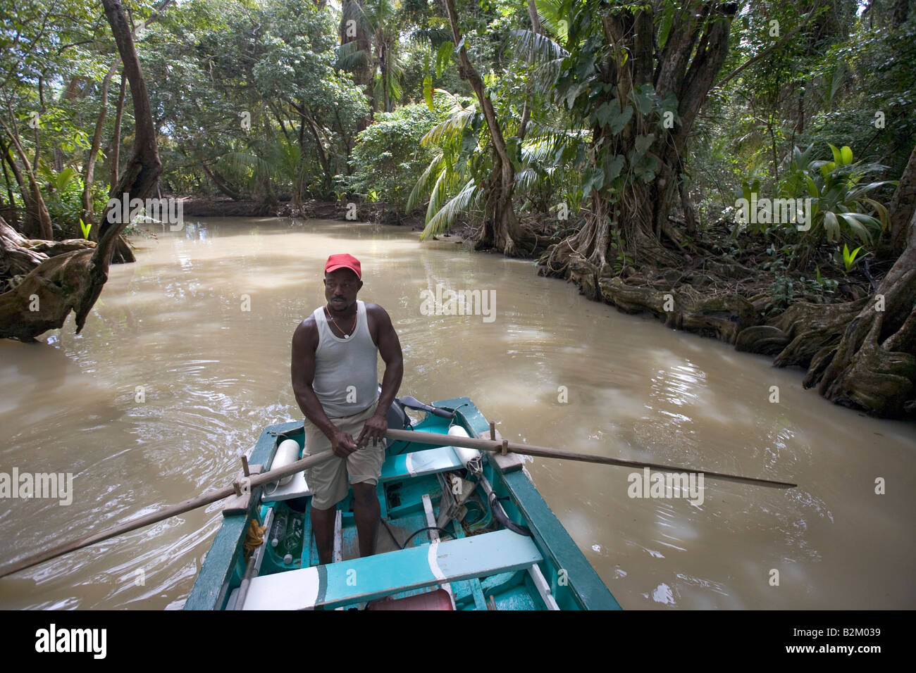 Albert Lawrence di Albert Costa Servizi guida la sua barca fino il fiume indiano a Portsmouth, Dominica, West Indies Foto Stock