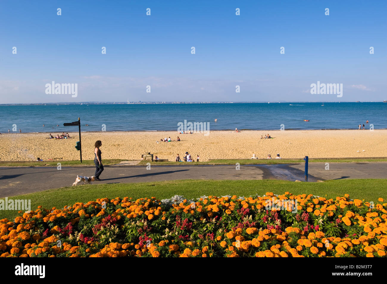 Le persone godono di caldo giorno d'estate sulla spiaggia di Appley parco affacciato sul Canale Inglese Ryde Isle of Wight Regno Unito Foto Stock