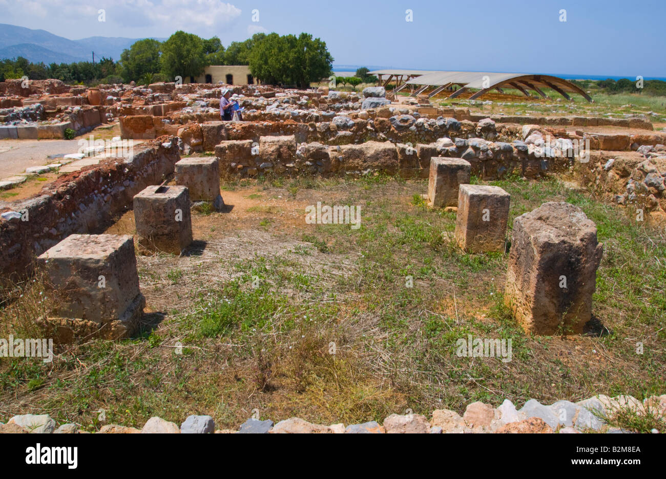 Pilastro Hall di rovine del palazzo minoico distrutto da un incendio nel 1450 BC a Malia sul Greco isola mediterranea di creta GR EU Foto Stock