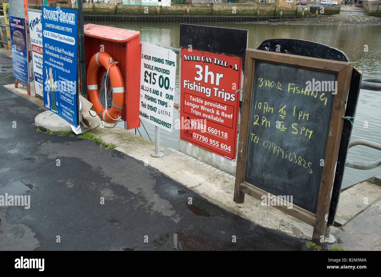 Pannelli pubblicitari per viaggi di pesca a Whitby, Yorkshire Foto Stock