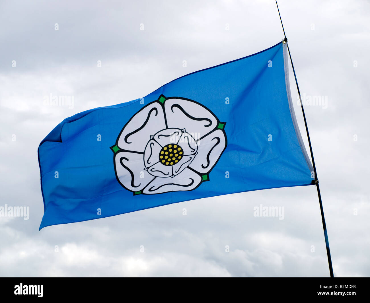 Gazzetta Yorkshire County bandiera con una rosa bianca su fondo blu Foto Stock