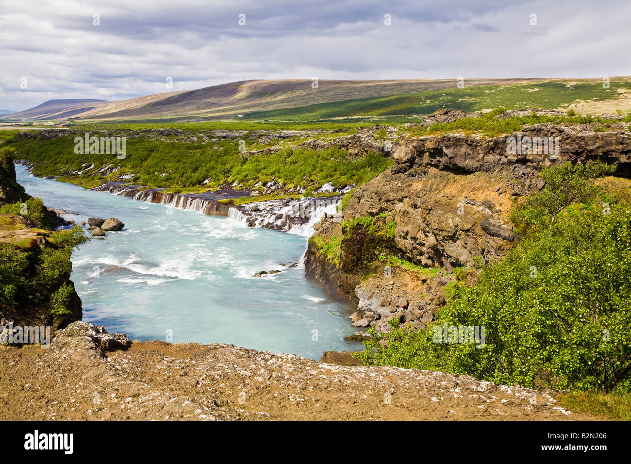 Hraunfossar falls, vicino a Reykholt Islanda Foto Stock