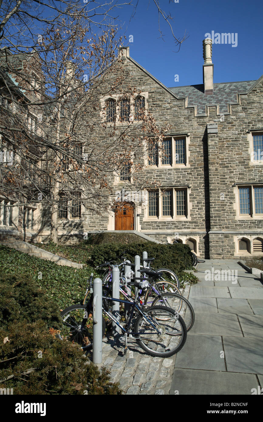 Fila di biciclette incatenato al poli su accanto al grigio percorso lastricato al di fuori del tratto superiore di Wright Hall. Foto Stock