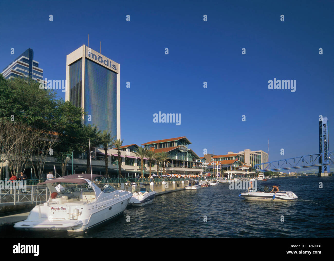 Il Jacksonville Landing Downtown St Johns River Jacksonville in Florida USA Foto Stock