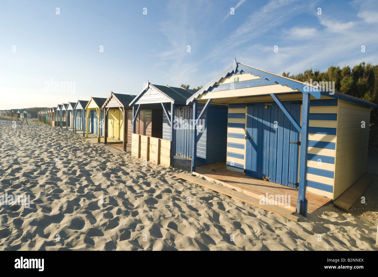 Fila di ombrelloni, West Wittering, West Sussex, Regno Unito Foto Stock