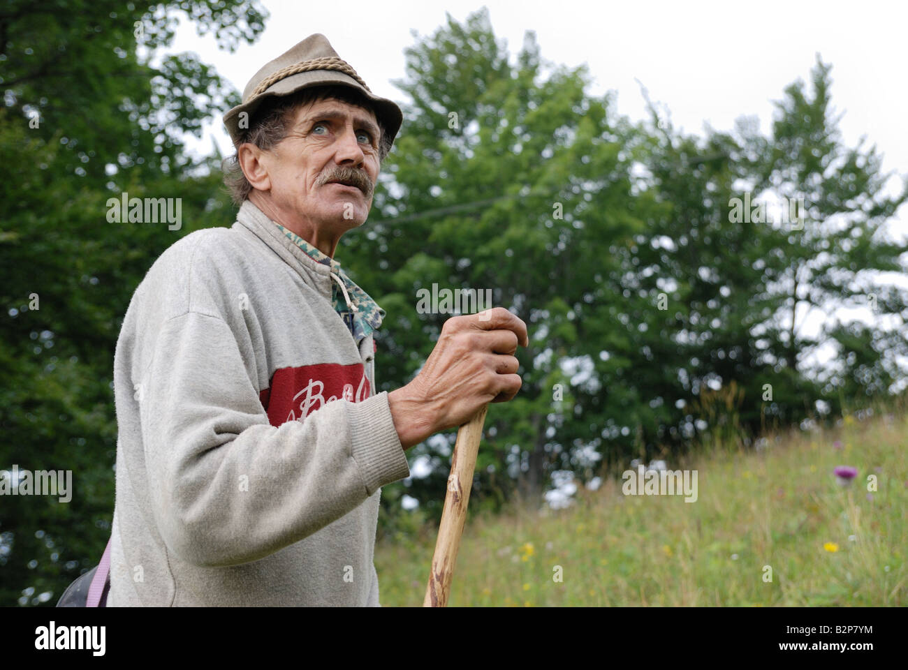 Ritratto di coppia di pastore uomo con erba e alberi in background grande Fatra montagne della Slovacchia estate 2008 Foto Stock