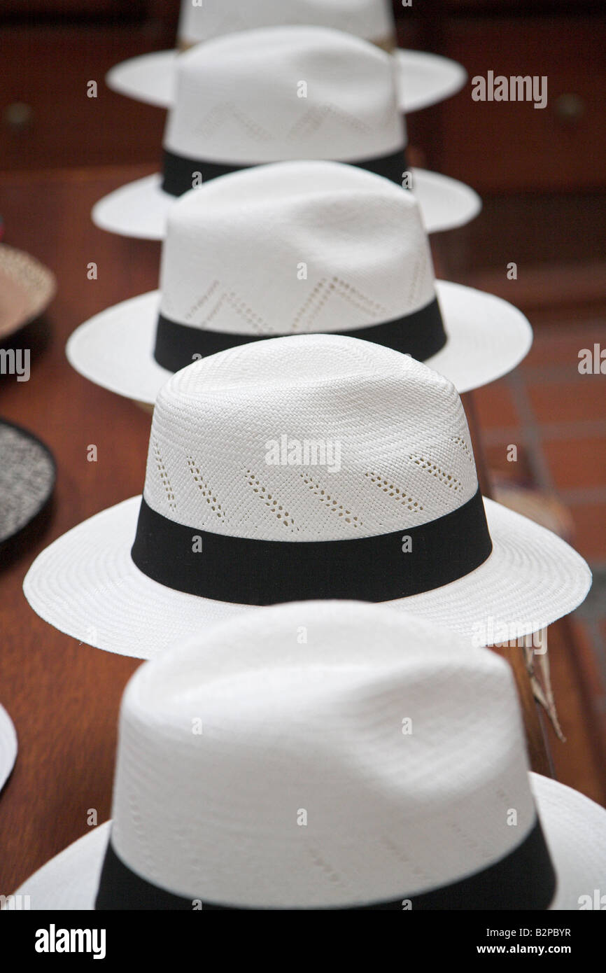 L'uomo ha fatto "Panama" cappelli sul display in un workshop a Cuenca in Ecuador. Foto Stock