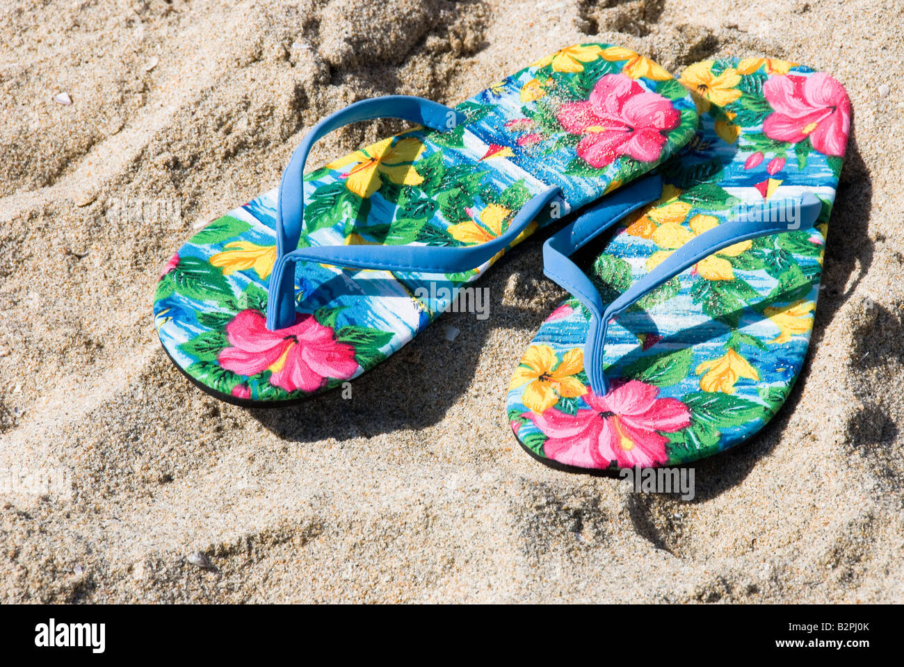 Una coppia di colorati e tropical flip flop sulla spiaggia Foto Stock