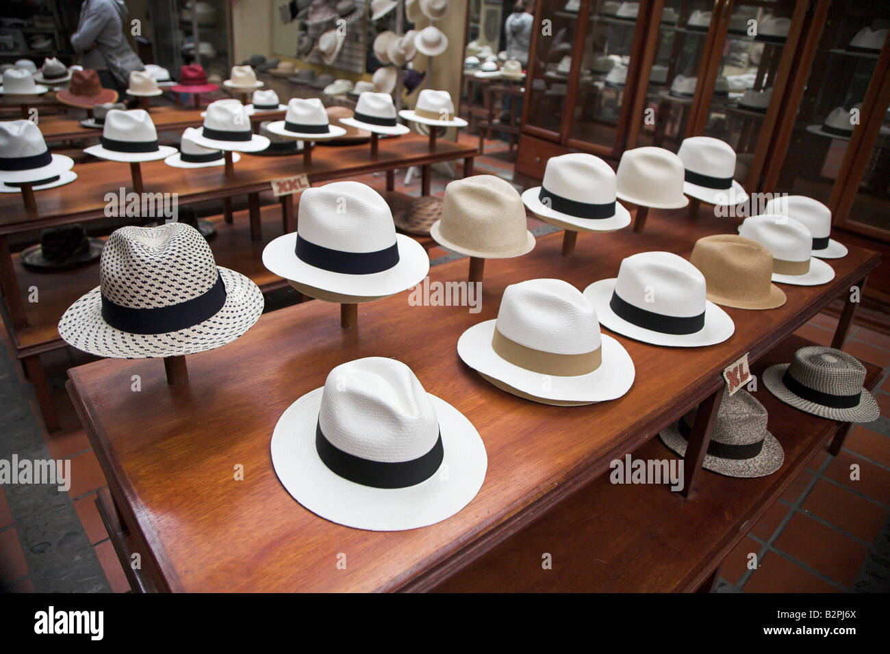 L'uomo ha fatto "Panama" cappelli sul display in un workshop a Cuenca in Ecuador. Foto Stock