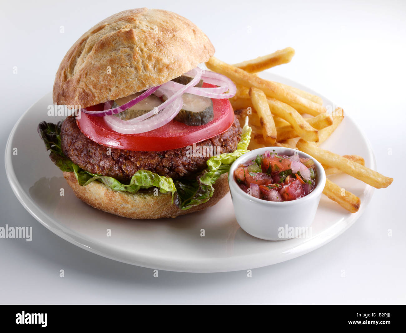 Hamburger Vegetariano assaporare e chips cibo editoriale Foto Stock