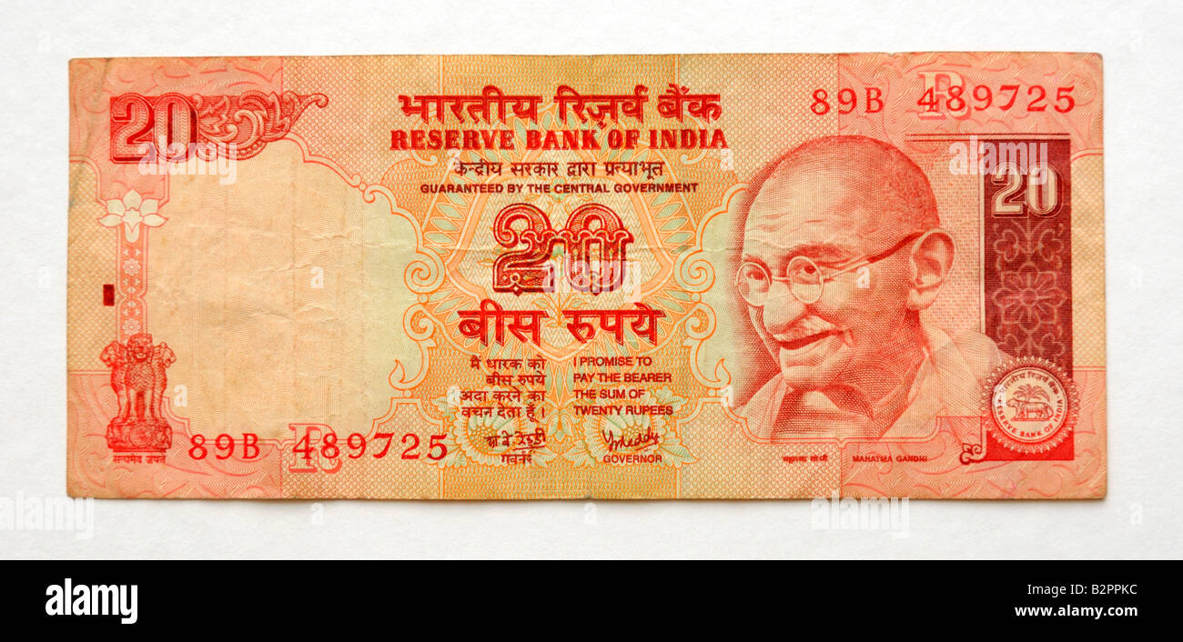 India 20 rupie nota banca Foto Stock