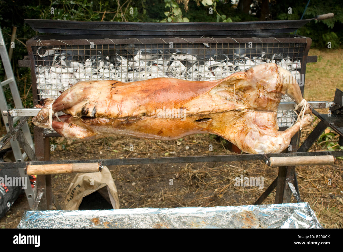 Pieno di agnello sulla carcassa sputare sul fatto in casa Bar B Q barbeque Yateley Regno Unito Foto Stock