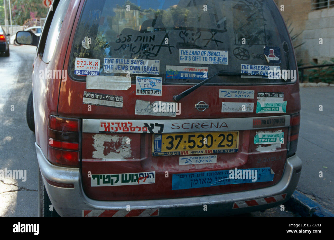 Adesivi Pro-Israel sulla parte posteriore del furgone parcheggiato, Gerusalemme, Israele, Medio Oriente Foto Stock