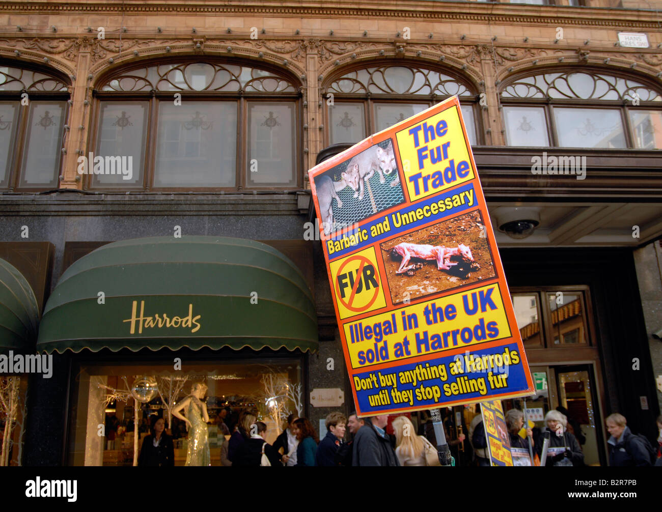 Protesta da parte di CAFT,coalizione per abolire il commercio di pellicce,all'esterno i grandi magazzini Harrods contro la vendita di pellicce,Londra,UK Foto Stock