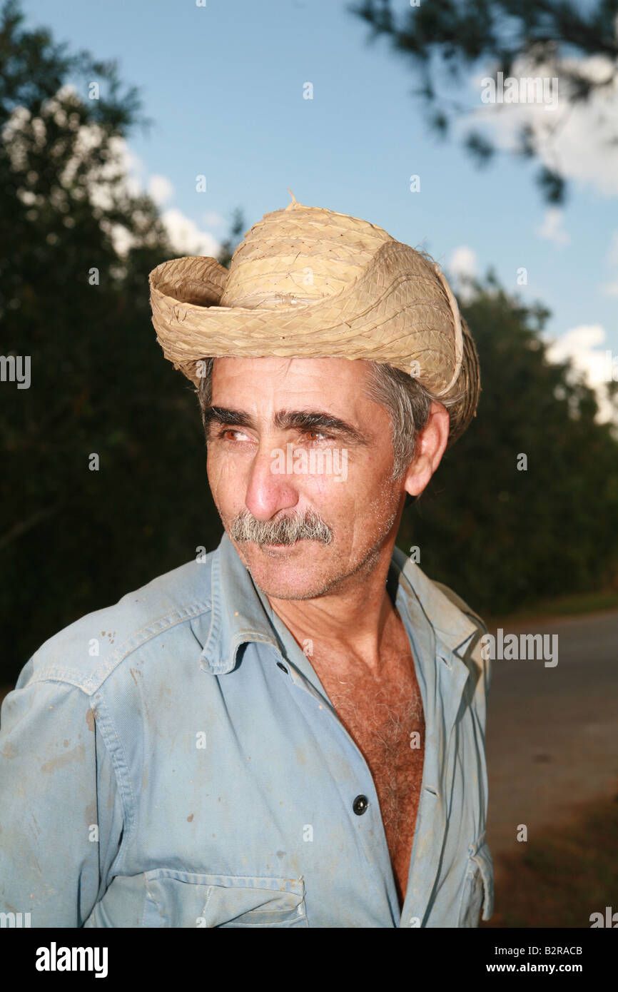 Uomo che indossa un cappello di paglia Vinales Pinar del Río Provincia Cuba America Latina Foto Stock