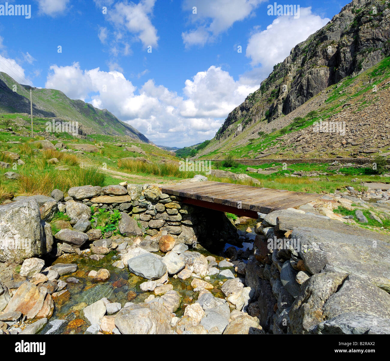 Ponticello in legno attraversando Afon Nant Peris fiume che scorre attraverso il passaggio di Llanberis in Gwynedd Galles del Nord Foto Stock