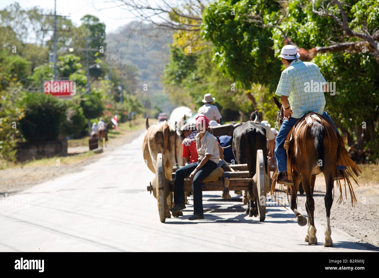 Ox carrelli guida lungo la strada in Guanacaste. Il bue sono tradizionali trasporti in Costa Rica e Guanacaste. Foto Stock