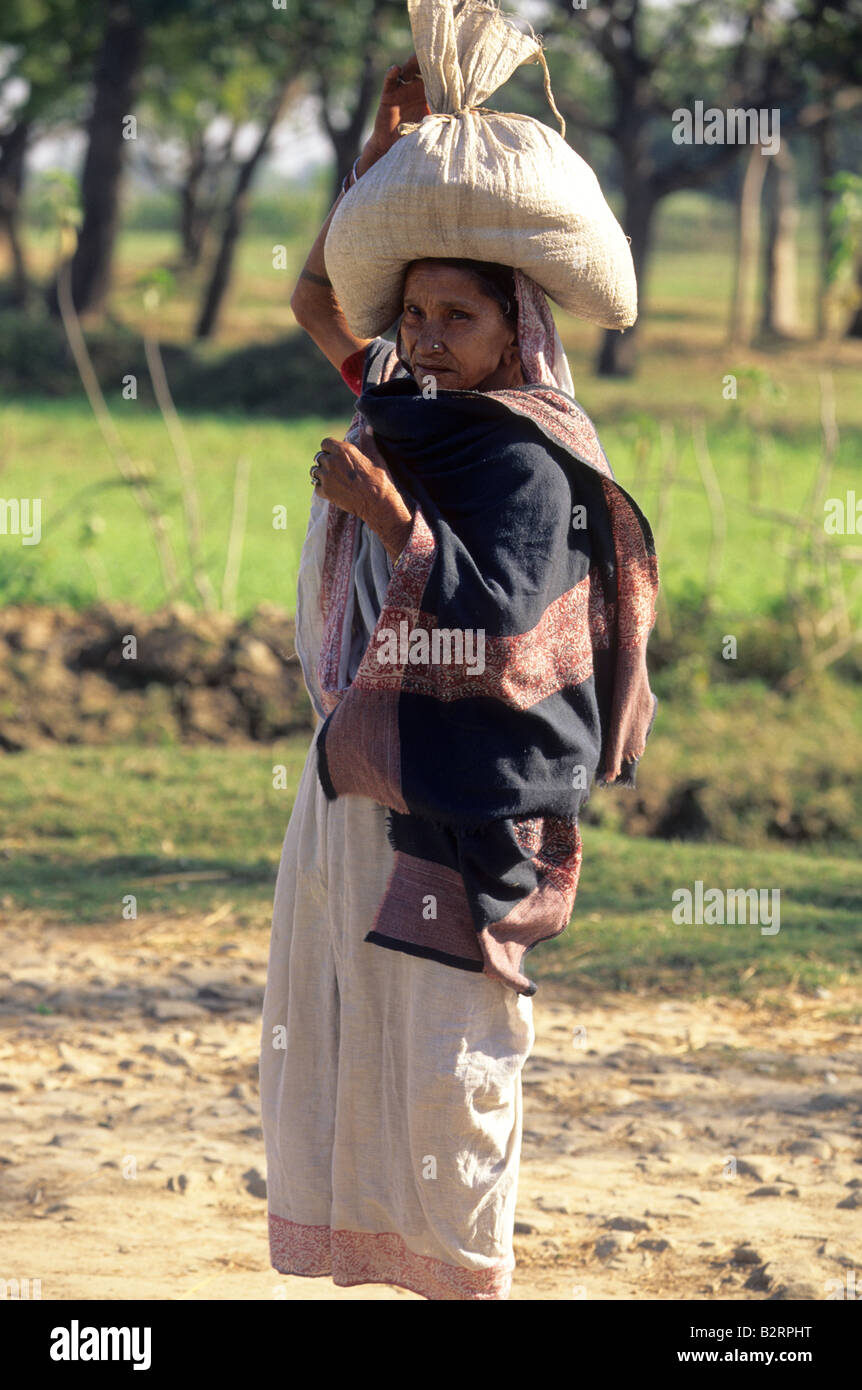 Una donna porta un sacco su una strada di campagna in India del nord Foto Stock