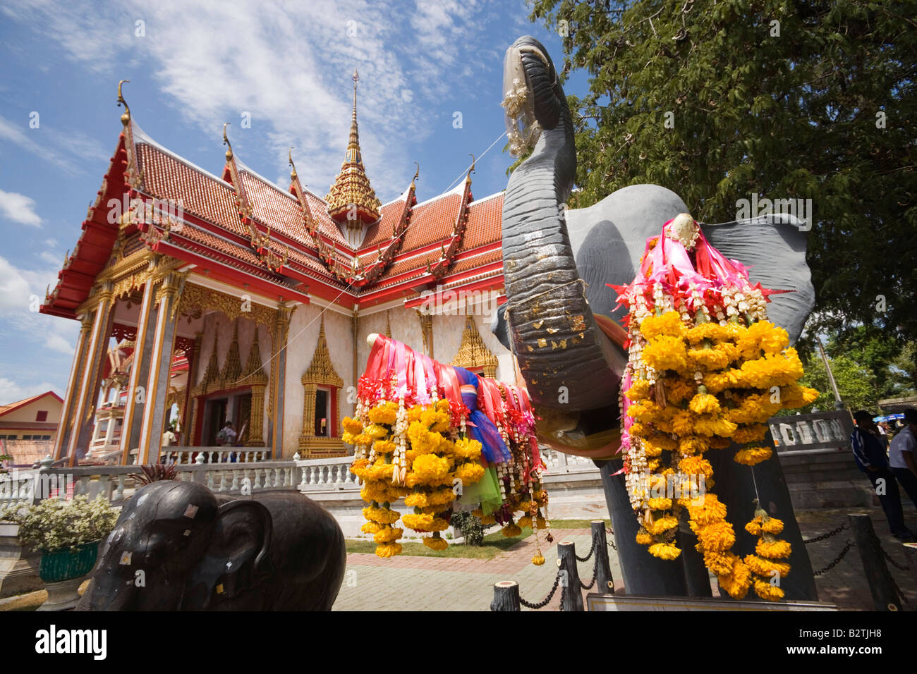 Gli elefanti nei pressi di Ubosot, Wat Chalong, Phuket, Tailandia Foto Stock