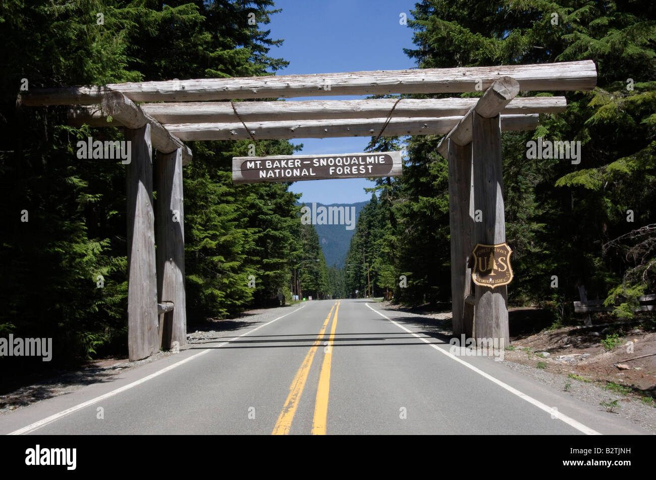 Strada vuota a Mount Baker - Snoqualmie Foresta Nazionale di Washington WA USA Stati Uniti d'America Foto Stock