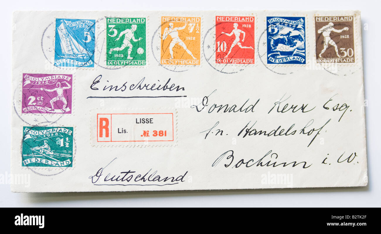 Busta originale con la serie completa di francobolli realizzati per i Giochi Olimpici nel 1928 a Amsterdam Foto Stock