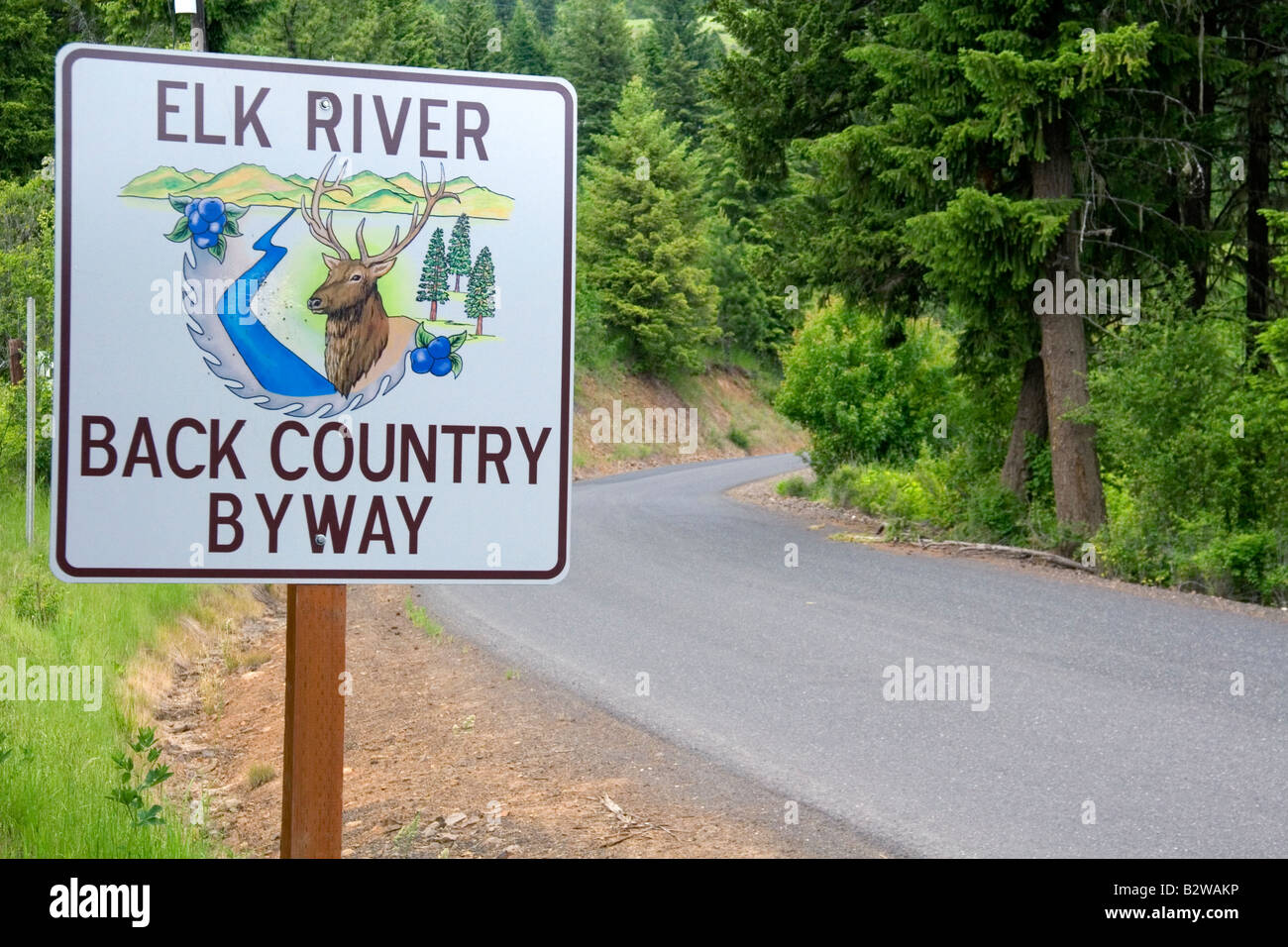 Cartello stradale contrassegnando la Elk River Backcountry Byway in Clearwater County Idaho Foto Stock