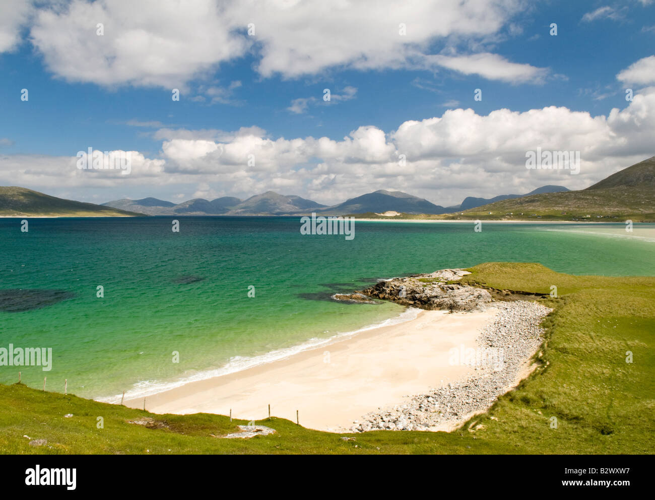 Vista Seilebost beach, Isle of Harris, Ebridi, Scotland, Regno Unito Foto Stock