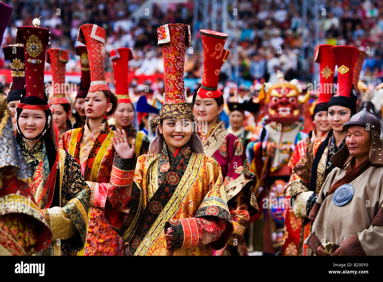 Naadam Festival che celebra l'ottocentesimo anniversario dello Stato mongolo nel National Stadium di Gengis Khan atto Foto Stock