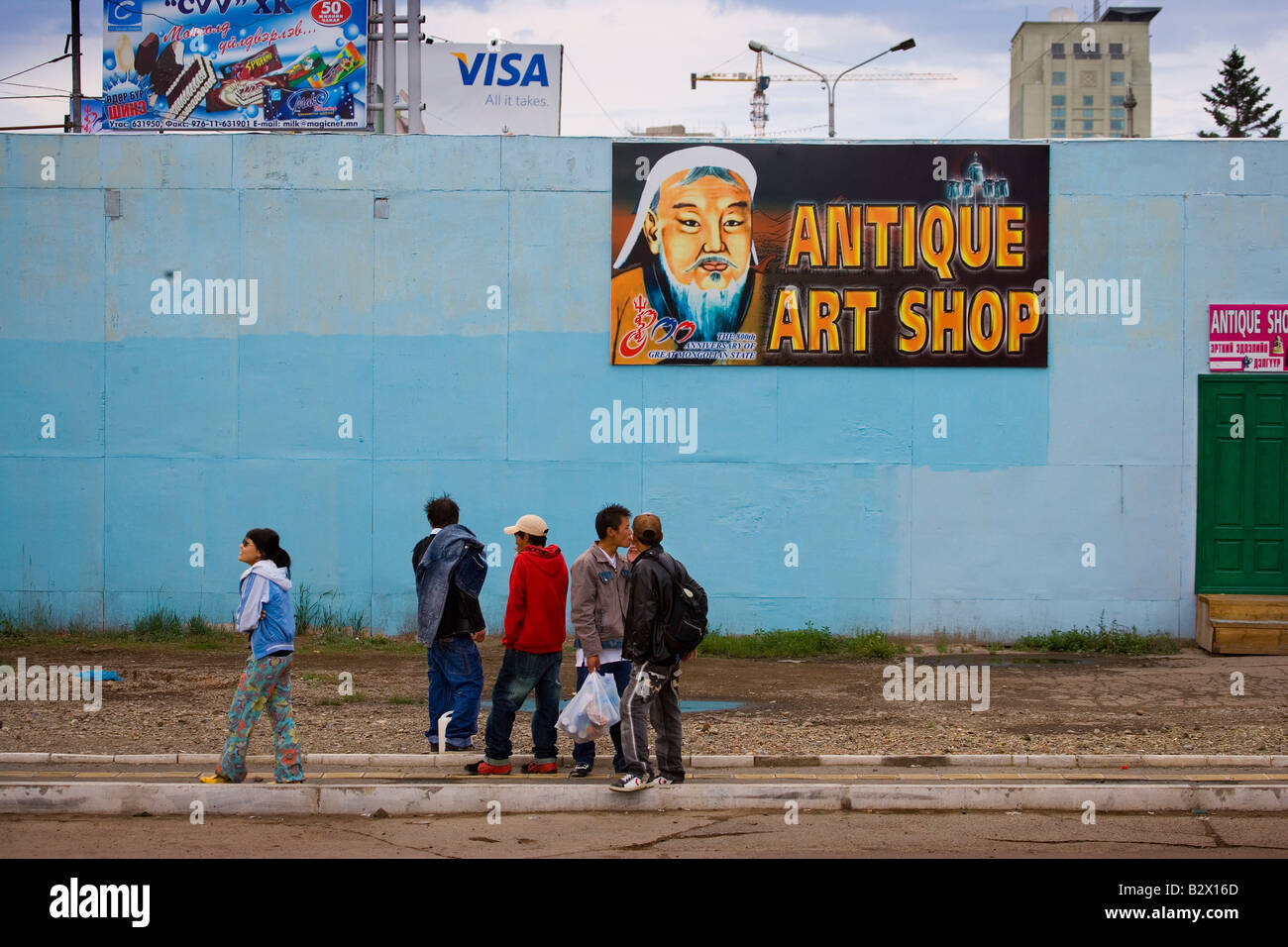Con immagine di Gengis Khan per la Pubblicità shop, Mongolia, Asia Foto Stock