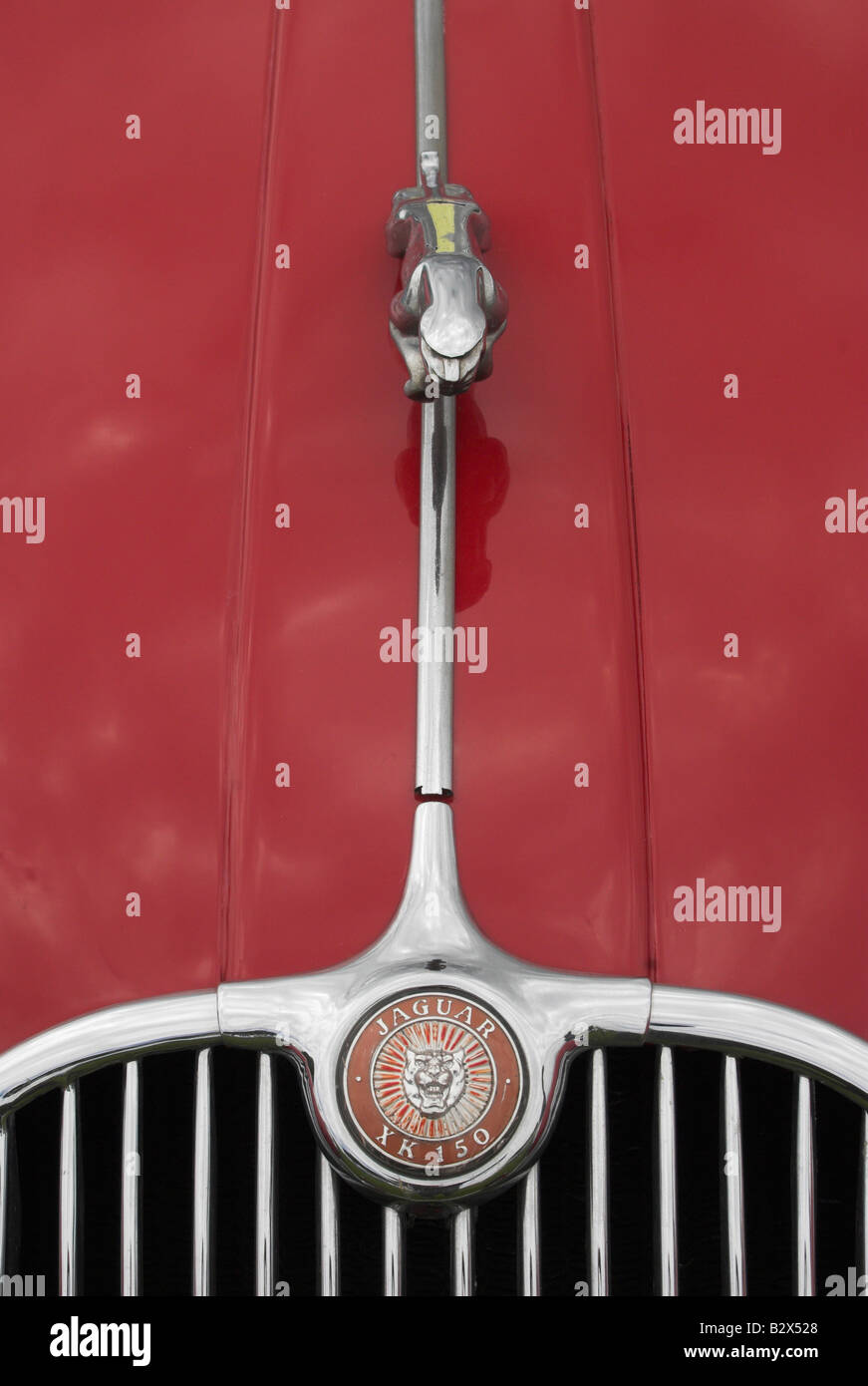 Una Jaguar XK 150 car badge, cofano mobili e grill. Foto Stock