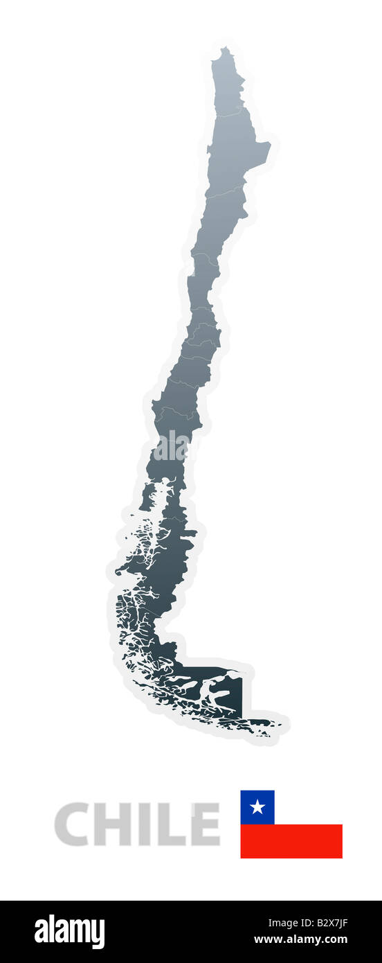 Illustrazione Vettoriale della mappa con le regioni o gli Stati membri e la bandiera ufficiale del Cile Foto Stock