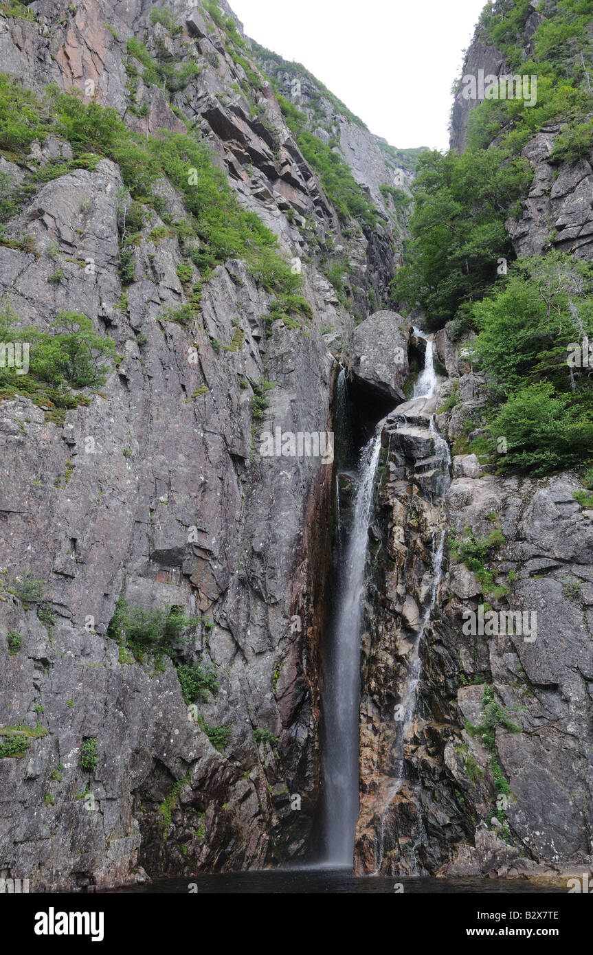 Una cascata in Western Brook Pond, parte del Parco Nazionale Gros Morne in Terranova. Foto Stock