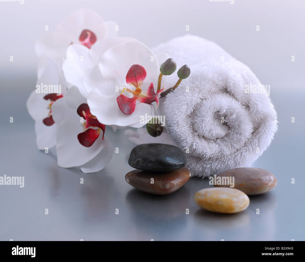 White arrotolato asciugamano massaggio con pietre e un'orchidea Foto Stock