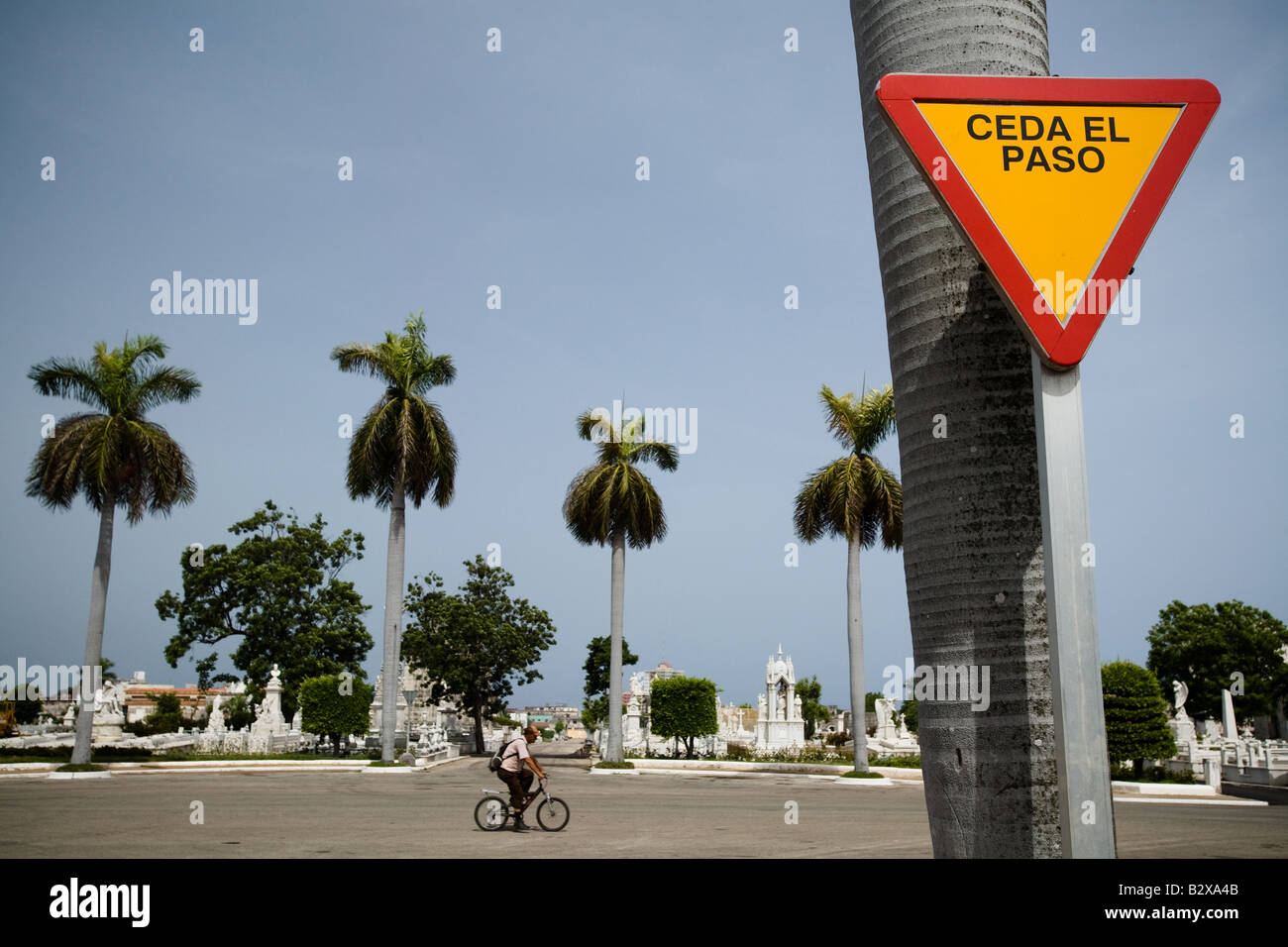 Un uomo che cavalca la sua bicicletta attraverso la necropoli Cristobal Colon nel cimitero di Havana, Cuba Foto Stock