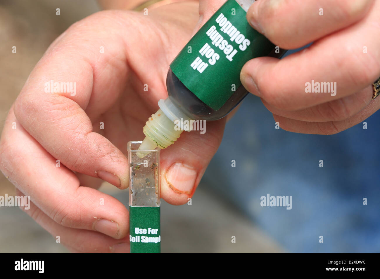 SOILTESTING pH Fase 3 Aggiungere il pH della soluzione di test fino a marchio Foto Stock
