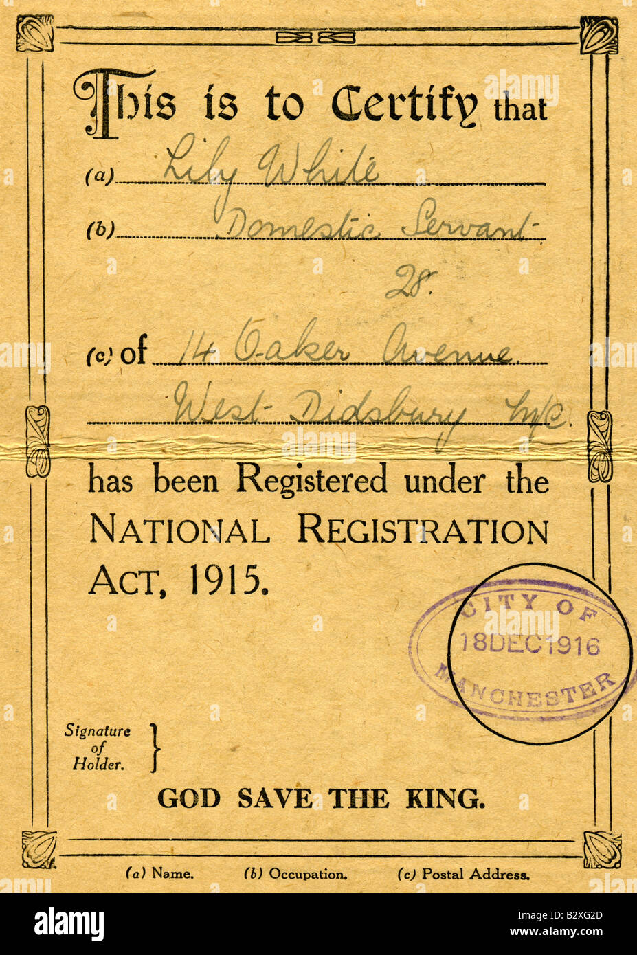 1916 Prima Guerra Mondiale National Registration Act 1915 certificato per solo uso editoriale Foto Stock