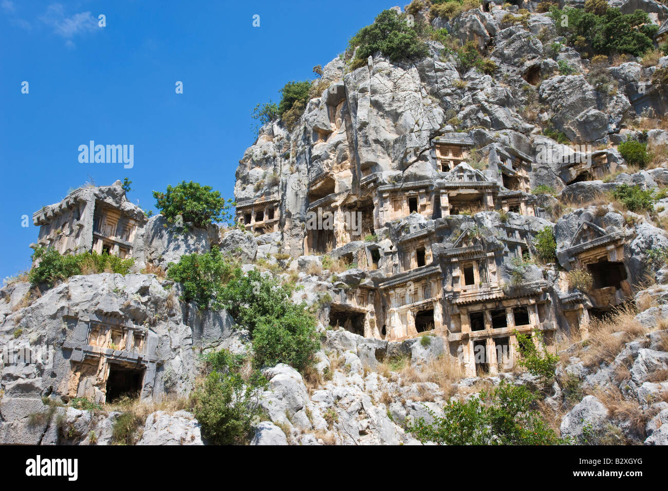 Lycian antiche tombe di roccia in Myra, vicino Kale, Mediterraneo orientale della Turchia Foto Stock