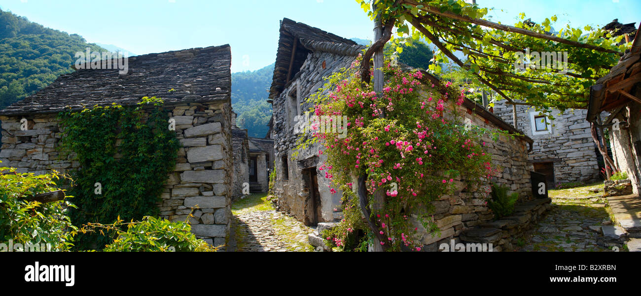 Vecchio casale rustico Corippo, Val Verzasca,Tocino in Svizzera Foto Stock