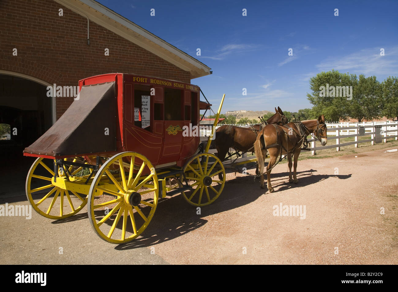 Carrozza e cavalli a forte storico Robinson parco statale, Northwestern Nebraska, a ovest di Crawford Foto Stock
