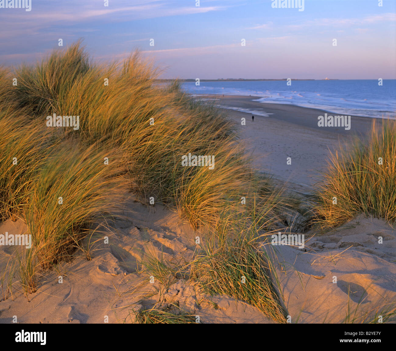 Una sola persona cammina lungo le sabbie al Druridge Bay, Northumberland, Regno Unito Foto Stock