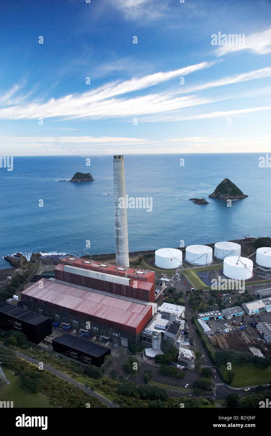 New Plymouth Power Station Taranaki Isola del nord della Nuova Zelanda antenna Foto Stock