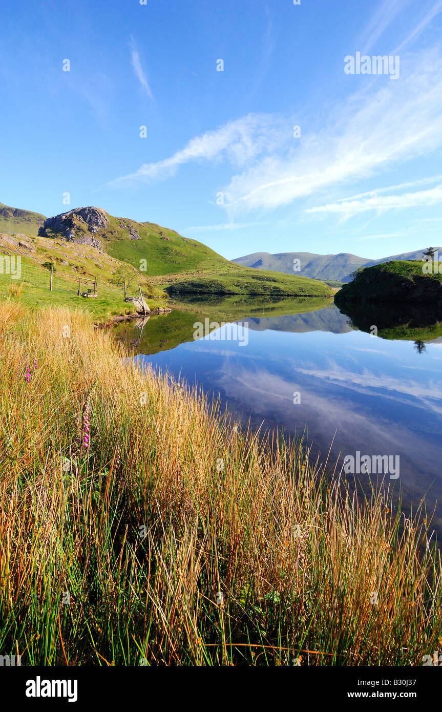 Una calma e splendida mattinata a Llyn Dywarchen nel parco nazionale di Snowdonia nel Galles del Nord Foto Stock
