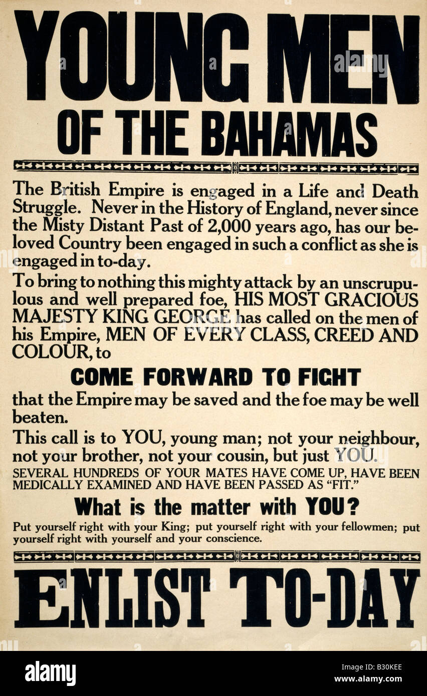 Giovani uomini delle Bahamas - arruolare oggi poster di reclutamento dalla I Guerra Mondiale Foto Stock