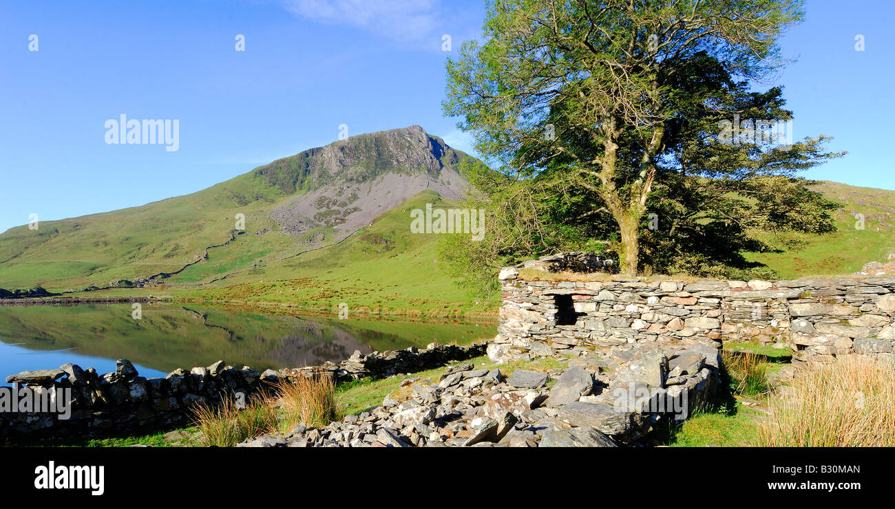 Una calma e splendida mattinata a Llyn Dywarchen nel parco nazionale di Snowdonia nel Galles del Nord Foto Stock